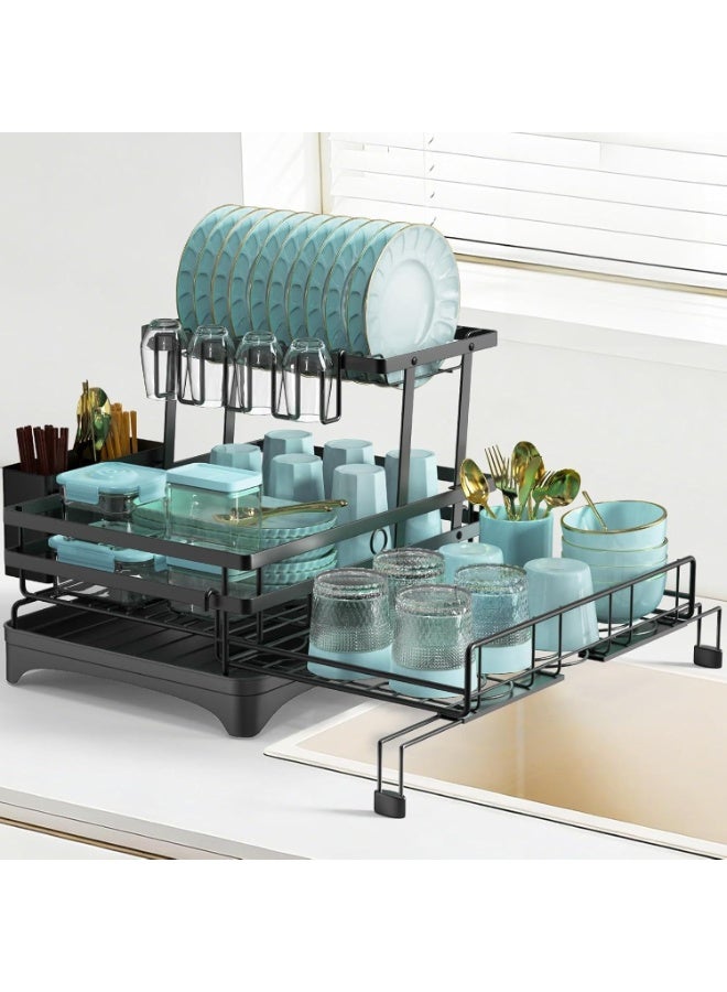 FUOE Black Extendable Dish Rack with 4-Grid Cup Holder & 3-Grid Utensil Tray - Double-Layer Foldable Kitchen Drainer and Organizer for Plates, Bowls, Cups and Cutlery, Space-Saving Dish Drying Rack for Kitchen Countertop - Image 2